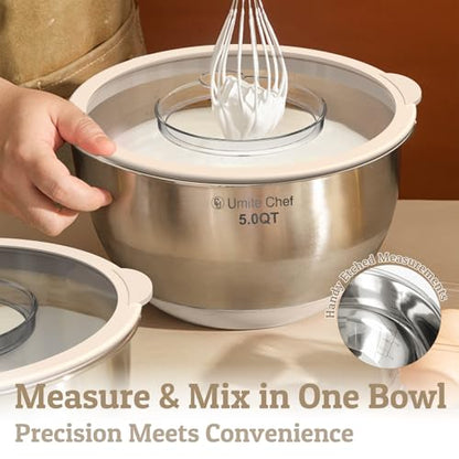 Mixing Bowles Set with Lids Set - Warp-Proof TPR-AS Lids, Stainless Steel Mixing Bowl with 3 Graters & Measuring Lines, Non-Slip Bowls for Baking, Prep, Airtight Food Storage (Khaki 5/3/2/1.5/0.63QT) - color: Khaki