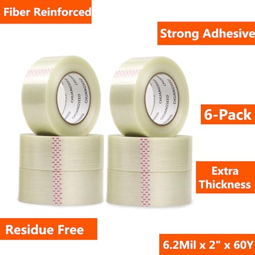 CHUANGSEED 6-Pack Mono Filament Strapping Tape 6.2mil x 2Inch x 60yds Commodity Grade Heavy Duty Transparent Reinforced Fiberglass Tape - size: Mono 2" x 60y 6-Pack