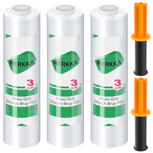 Stretch Film, HERKKA Stretch Wrap with Handles Industrial Strength, Moving Wrapping Plastic Roll, Shrink Wrap for Pallet Wrap, 15" x 1000 Feet, 3 Pack, 60 Gauge - size: 3 Pack, style: 60 Gauge