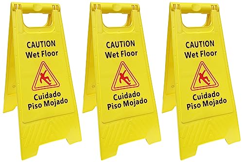 3 Pack CAUTION Wet Floor Signs - Bilingual (Cuidado Piso Mojado), 2 Feet Tall, Double Sided, High Visibility Yellow Color, Fold-Out Standing Signs, Portable with Carrying Handle - SciencePurchase