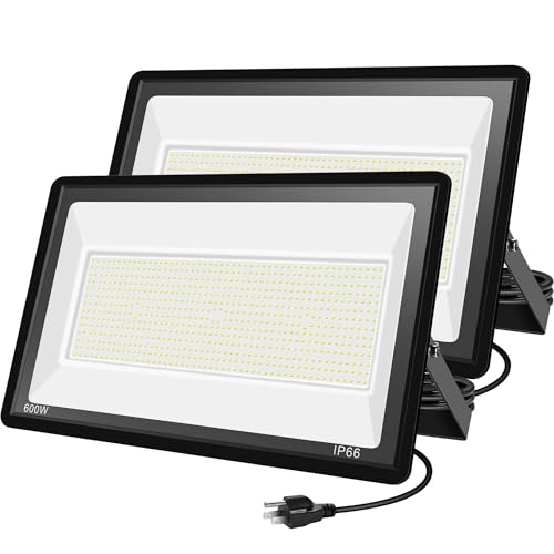 2 Pack 600W LED Flood Lights Outdoor,(3000W Equivalent), 66000LM 6000K Daylight White Super Bright Security Arena Light with Plug, IP66 Waterproof Commercial Lighting for Yard, Courts ,Stadium - size: 600w_2pack