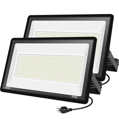 2 Pack 600W LED Flood Lights Outdoor,(3000W Equivalent), 66000LM 6000K Daylight White Super Bright Security Arena Light with Plug, IP66 Waterproof Commercial Lighting for Yard, Courts ,Stadium - size: 600w_2pack