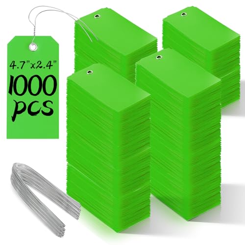 1000 Pieces Plastic Shipping Tags with Wire Labeling Tags Waterproof Hang Tags with Reinforcement Hole Writable Luggage tag Loops for Equipment Inventory Parts Garage (Green, 4 3/4" x 2 3/8") - color: Green