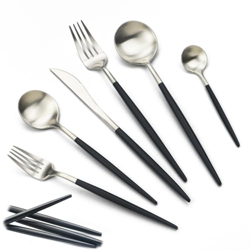 JASHII 18/10 Black Handle Flatware Silver Silverware Set 304 Stainless Steel Flatware Cutlery Set| 24-Piece Adaline Royal Modern Satin Finish| BEST Birthday Wedding Gift (Black Handle Silver 4 Sets) - color: Black/Silver, size: Service for 4