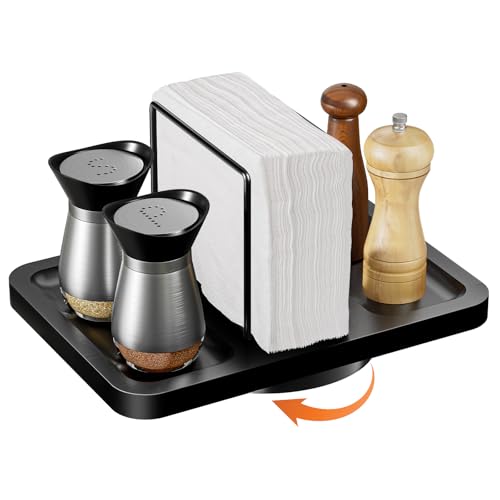 Rotating Napkin Holder for Table with Salt Pepper Shakers Caddy, Black - color: Black