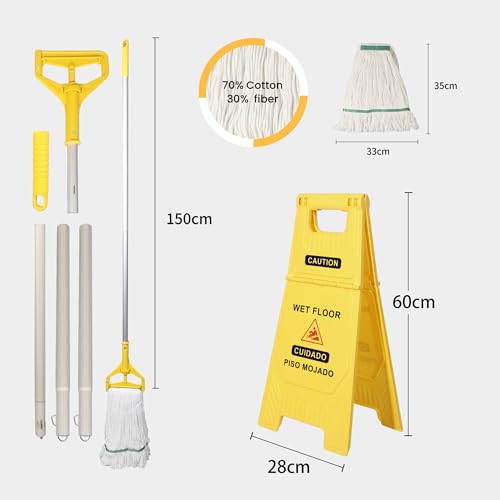 Commercial Cleaning Cart On Wheels, Floor Cleaning Rectangular Mop Bucket with Sturdy Down Press Wringer Combo, 38-Quart, Yellow,ADD One Heavy Duty Mop and Wet Floor Caution Sign（24Inch）