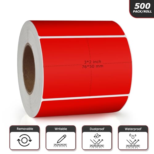 Red Rectangle Labels 3" x 2" Color Coding Stickers Roll 500 Pcs - color: Red