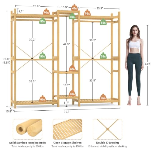 Homykic Bamboo Clothing Rack with 7 Shelves, 5 Hang Rods, 70” Wide, Natural - color: Natural, size: III Large