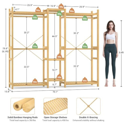 Homykic Bamboo Clothing Rack with 7 Shelves, 5 Hang Rods, 70” Wide, Natural - color: Natural, size: III Large