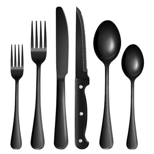 24-Piece Black Silverware Set with Steak Knives Black Stainless Steel Flatware Set for 4 Food Grade Tableware Cutlery Set Rust-proof, Mirror Polished, Dishwasher Safe - size: 24Pcs