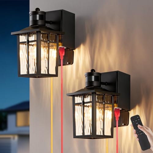 Porch Light with GFCI Outlet with Remote,Dusk to Dawn Motion Sensor Outdoor Light,Upgraded 4 Lighting Modes Black Front Door Light,Waterproof Outside Lights for House Patio Garage Entryway, 2 Pack - color: Black (with Remote) 2-Pack