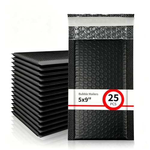 25 Pack 5" x 9" Usable Size Bubble Mailers, Black Padded Envelopes with Self Seal Closure, Poly Bubble Envelopes for Jewelry, Accessories, Makeup, Cards and Small Items - size: 5" x 9" (Usable Size) - 25 Pack