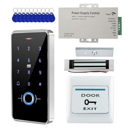 IP68 Waterproof Outdoor Fully Fingerprint Door Access Control System Kit – RFID Keypad Entry with 180KG/LBS Magnetic Lock, 13.56MHz, DC12V Power Supply, Exit Button & 10 Key Fobs - style: F20-set-180Kg