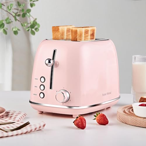 Roter Mond 2 Slice Toaster Retro Stainless Steel with Bagel, Cancel, and Defrost Functions, 6 Bread Shade Settings, Extra Wide Slots and Removable Crumb Tray, Pink - color: Pink