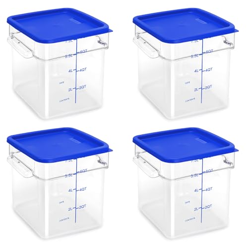 4 Pack Food Storage Containers with Blue Lids, 8.0 Qt - Square, Clear, Polycarbonate, for Restaurant Commercial Kitchen and Home party - color: 8.0 Qt-Blue Lids