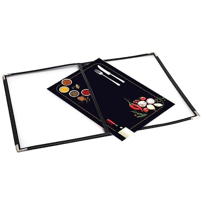 JAPCHET 4 Pack 8.5 X 11 Inch Menu Covers, Restaurant Menu Holder Covers 4 Page 8 View Menu Book Clear Plastic Menu Sleeves with Leather Edge Menu Covers for Restaurants, Hotels and Bars, A4 Size - color: Black, size: 4 Pack 4 Page
