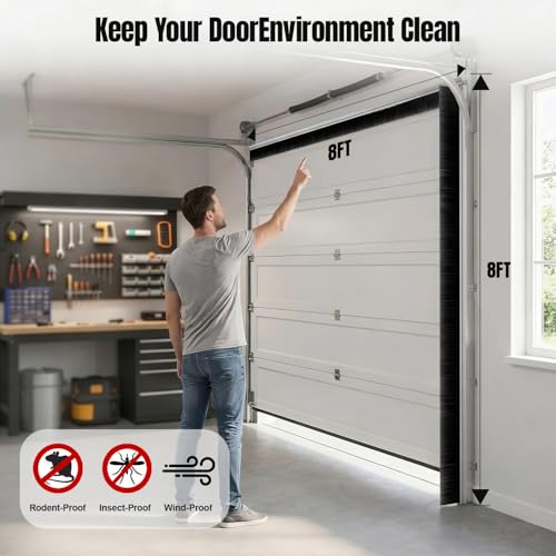 8 x 8ft Garage Door Brush Seal Kit, 3" Heavy Duty Nylon Brush with Aluminum Track for Roll Up, Commercial & Barn Doors, Blocks Dust, Drafts, Energy Saving - size: 3" Brush Seal for 8x8ft Door