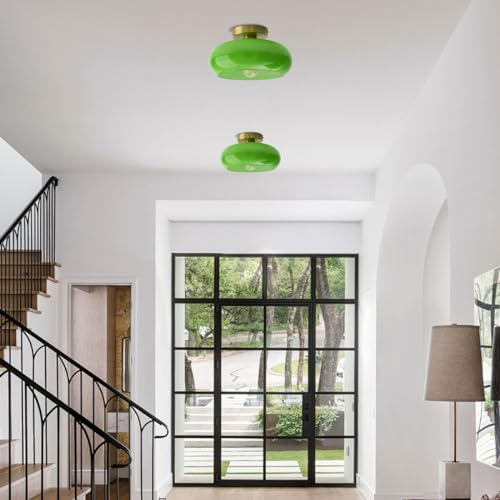 Green Ceiling Light - Mid Century Modern Flush Ceiling Light with Milk Glass Globe and Dark Green Lamp Shade in Brushed Brass Close to Lamp for Dining Room Hallway Kitchen Island - color: Flush-Green