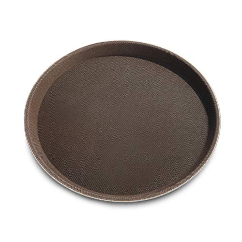 New Star Foodservice Restaurant Grade Non-Slip Serving Tray, 11 Inch Round Brown Plastic Tray with Rubber-Lined Surface, Bar, Catering, Restaurant, and Foodservice Tray