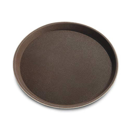 New Star Foodservice Restaurant Grade Non-Slip Serving Tray, 11 Inch Round Brown Plastic Tray with Rubber-Lined Surface, Bar, Catering, Restaurant, and Foodservice Tray