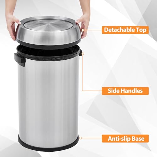 17 Gallon Fingerprint-Proof Stainless Steel Trash Can, Heavy Duty Commercial Round Garbage Bin with Swing Lid for Restaurant, Home, Office, Silver - color: Silver