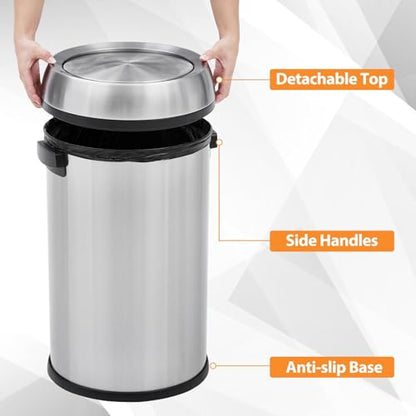 65L/17Gal Commercial Trash Can, Fingerprint-Proof Stainless Steel Swing Top Garbage Can, Heavy Duty Large Capacity Round Trash Bin with Swing Lid, Waste Bin for Restaurant, Home, Office(Silver) - color: Silver