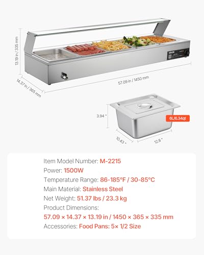 VEVOR Commercial Food Warmer, 1500W Electric Stainless Steel Steam Food Warmer with Glass Cover, Countertop Buffet Bain Marie with Five 1/2 Size Food Pans, for Catering, Restaurant, Party & Buffets - size: 5*1/2Pan