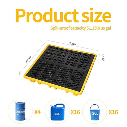Spill Containment Platform with Drain, 51x51x6in, Anti-Slip Plastic, Leakproof Detachable, 4 Drum Capacity, Yellow for Industrial Use - size: 51x51x6in