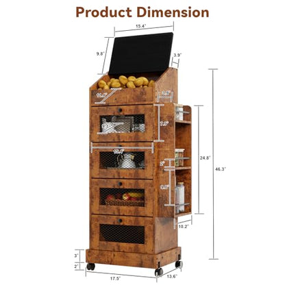 ARTETHYS Potato Storage Bin 5-Tier Rolling Bread Box Cabinet with Side Rack - color: Rustic