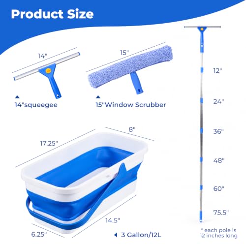 UFORU Window Cleaning Kit with 3 Gal Collapsible Bucket and Extension Pole