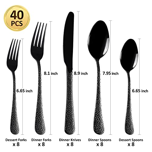40 Piece Forged Black Flatware Set for 8 SANLUNS Stainless Steel Heavy Hammered Silverware Fine Dining Utensils Tableware Unique Cutlery Knives Forks Spoons,Reusable Holiday Gifts Mirror Dishwasher - color: SP-40piece/Black
