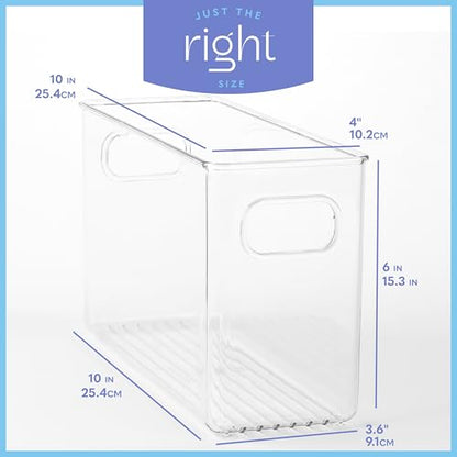 Plastic Food Storage 2 Pack Clear Container Bin with Handles for Organizing Kitchen, Pantry, Refrigerator, Freezer, Pantry, Cabinet, Closet, Bathroom. 10”x4”x6” - size: 10x4x6