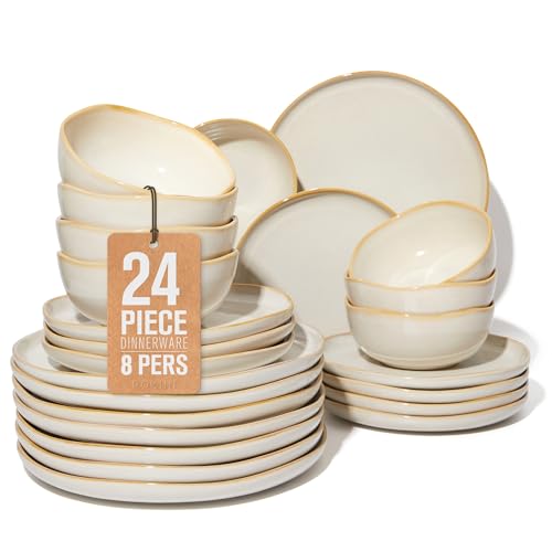 Pokini Stoneware Dinnerware Sets for 8, 24Pcs Ceramic Plates and Bowls Sets - color: Yellow White, size: Set (24pcs)