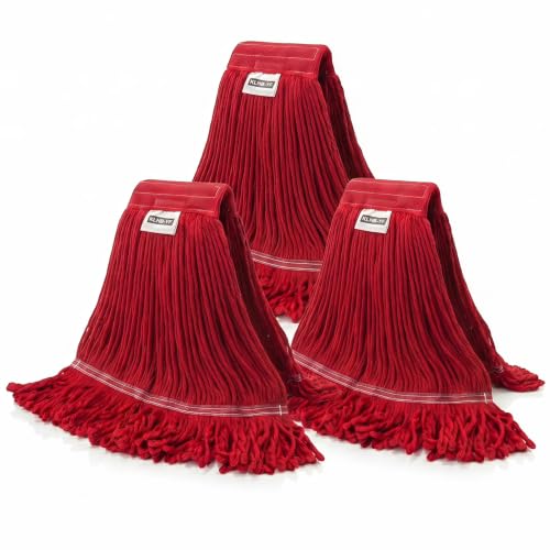 Heavy Duty Commercial String Mop Heads, 3 Pack Cotton Red Mop Head Replacement, Machine Washable Industrial Mop Head Refills for Janitorial, Restaurant, Warehouse & Office Floor Cleaning - color: Red, size: 3 Pack