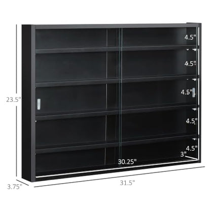 HOMCOM 5-Tier Wall Mounted Display Cabinet Glass Doors Black - color: Black