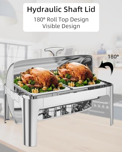 Roll Top Chafing Dish Buffet, 9QT Food-Grade Stainless Steel Commercial Chafer for Catering, Parties, and Weddings, 1 Full Sized Pan+2 Half Sized Pans - color: 9qt-silver Rectangular, size: 1 Full Sized Pan + 2 Half Sized Pans