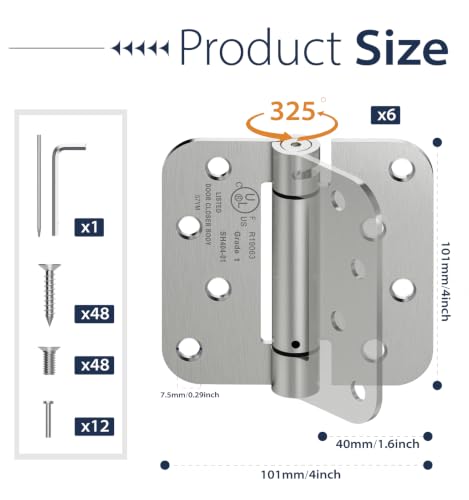 6-Pack 4 Inch Self Closing Door Hinges,5/8" Radius Corners,Brushed Nickel - size: 4"-6 Pack-5/8" Corner