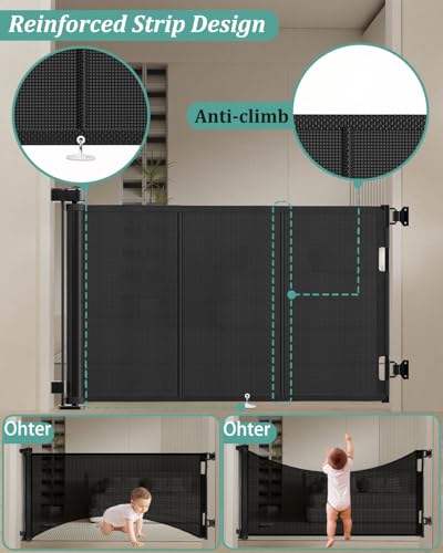Miumoon 71 inch Reinforced Retractable Baby Gates 34 inch Tall - color: Black, size: 34" Tall x 71" Wide