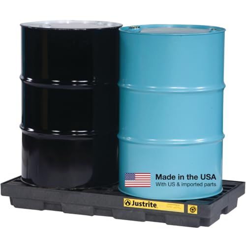 Justrite Low Profile 2 Drum Spill Containment Pallet Accumulation Center - 5.5" Tall - 24 Gal Capacity for 55 Gallon Drum Containment - Made in the USA from 100% Recycled Polyethylene - Black - 28655 - color: Black, style: 2 Drum