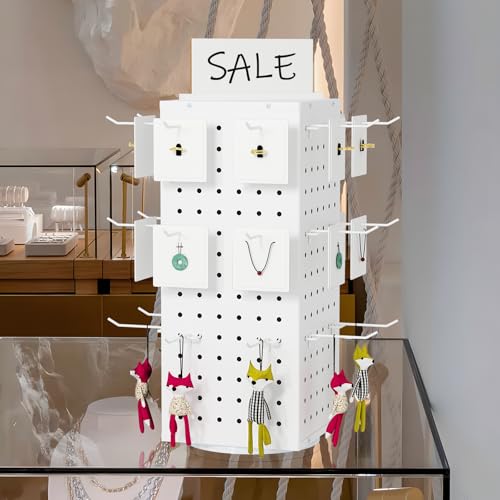 Rotating Pegboard Display Stand With 24 Hooks,Spinning Peg Board Displays,Tabletop Metal Pegboard Shelf for Craft Shows & Fairs, Retail Stores, Vendors Arts and Crafts (White) - color: White