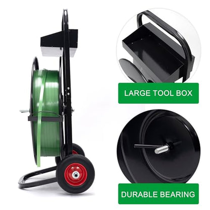 Heavy Duty Strapping Dispenser with Built-in Tray for Polypropylene, Fibre Strapping, Plastic Steel Coil Roll Steel Strapping Cart Moveable Banding Cart
