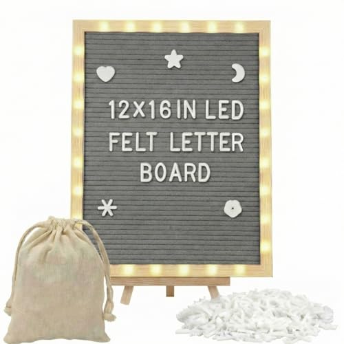 12 x 16 Inches Felt Letter Board & LED Light, Gray, Natural Wood - color: Gray, size: 12 x 16 Inches, style: Natural Wood