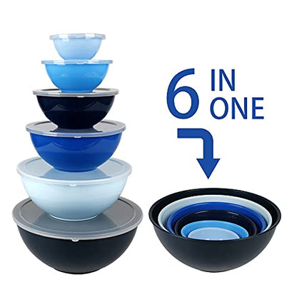 BoxedHome BPA Free Plastic Round Mixing Bowl with Lids, 12 Pack Nesting Bowls with Lids Set, Microwave and Dishwasher Safe Prep & Serving Bowls Great for Mixing, Baking, Serving (Blue, 12pcs) - color: Blue