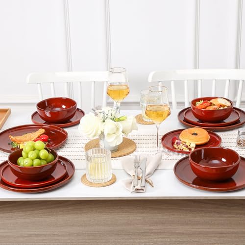 Vicrays Ceramic 12 Pieces Dinnerware Set - Dinner Plates Salad Plates Cereal Bowls Set Service for 4 - Scratch Resistant Microwave Oven Dishwasher Safe - Cherry Red - color: Cherry Red