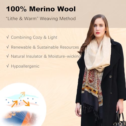 DANA XU 100% Merino Wool Extra Large Pashmina Shawl for Women - color: Navy Beige Paisley