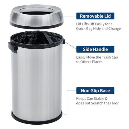 Garvee 17 gal/65 L Trash Can, Fingerprint-Proof Stainless Steel Open Top Garbage Can, Heavy Duty Commercial Round Trash Bin for Restaurant, Home, Office, Silver - color: Silver, size: 17 Gallon Open Top