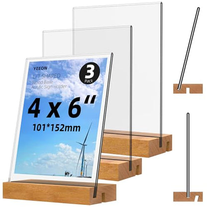 4x6 Inch Acrylic Sign Holder with Wooden Base, Desktop Display Stand (4x6 3Pack) - size: 4x6 3Pack