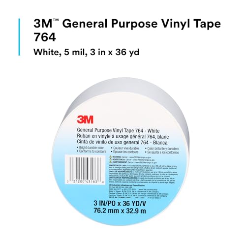 3M General Purpose Vinyl Tape 764, White, 3 in x 36 yd, 5 mil, 1 Roll - color: White, size: 3 in x 1296 in