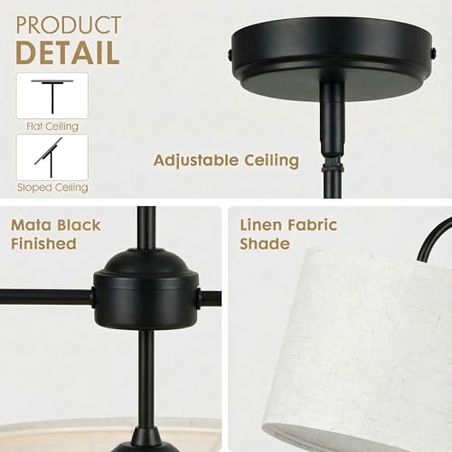 3-Light Black Linear Chandelier with Linen Beige Drum Shades, Modern Pendant Light Fixture for Kitchen Island, Dining Room, Living Room, Bedroom, E26 Base Compatible - color: 3 Light-Black