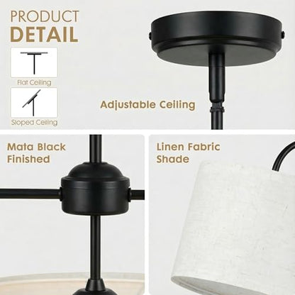 3-Light Black Linear Chandelier with Linen Beige Drum Shades, Modern Pendant Light Fixture for Kitchen Island, Dining Room, Living Room, Bedroom, E26 Base Compatible - color: 3 Light-Black